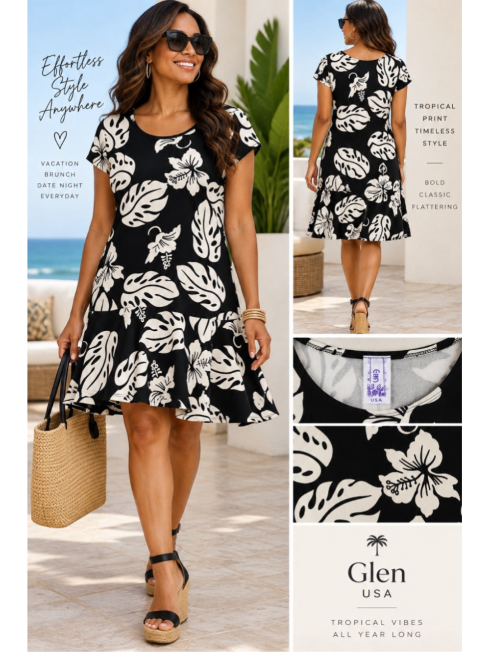 Eien USA Black & Ivory Tropical Floral Drop Waist Dress Size L
